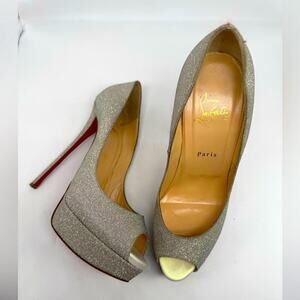 Christian Louboutin Silver/ Snow glitter Fetish 150mm peep toe pumps EU 41
